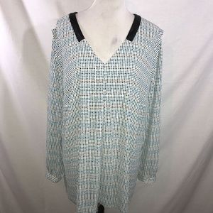 Worthington white long sleeve pullover, black & aqua design, womens 3X, bust 26”